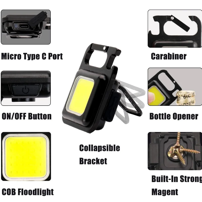 Mini USB Lámpa Tölthető Zseblámpa COB Munka LED Keychains Kültéri Sürgősségi Kemping Dugóhúzó Halászat