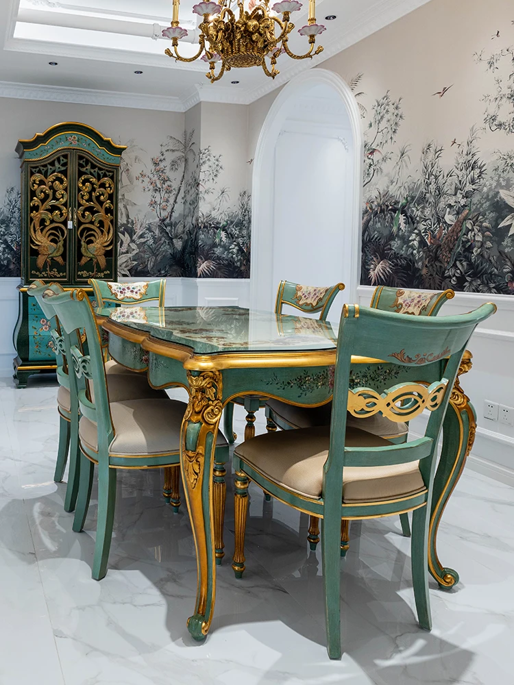 Zöld négyzet nagy étkező asztal tömör fából készült, kézzel festett, faragott, arany fólia 1,7 méter francia villa étkező szék