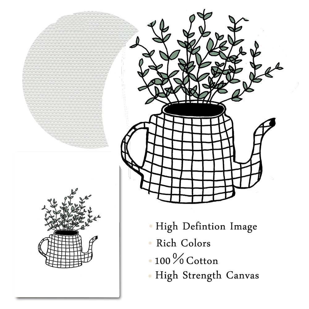 Tea-Fű Zöld Növények Botanikai Ujjlenyomatot Hagy Tea Csésze Vászon Festmény Wall Art Képek, Plakátok Nappali Otthoni Dekoráció