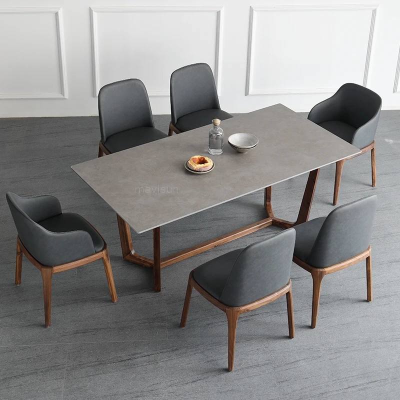 Téglalap alakú 6Seater Fa Lábakkal, Fehér Márvány Felső Étkező Asztal Család Használt Modern Minimalizmus Kombinációja, Asztal, Szék