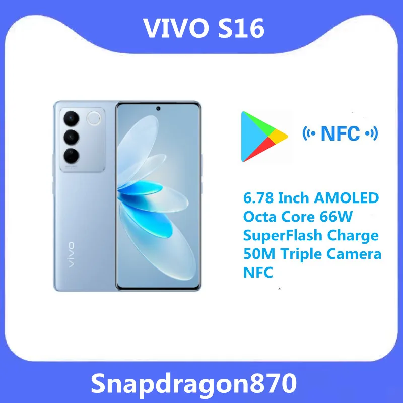 Eredeti VIVO S16 5G Mobiltelefon 6.78 Hüvelykes AMOLED Snapdragon870 Octa-Core 66W SuperFlash Felelős 50M Tripla Kamera, NFC